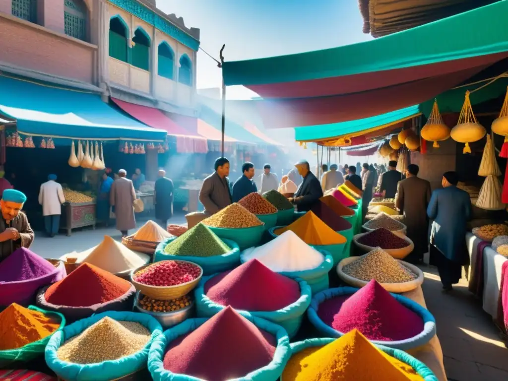 Mercado vibrante de la Ruta de la Seda: colores, especias y cultura Encuentros gastronómicos ruta seda oriente: Mercado bullicioso con colores vibrantes, especias y sedas, envuelto en historia y cultura