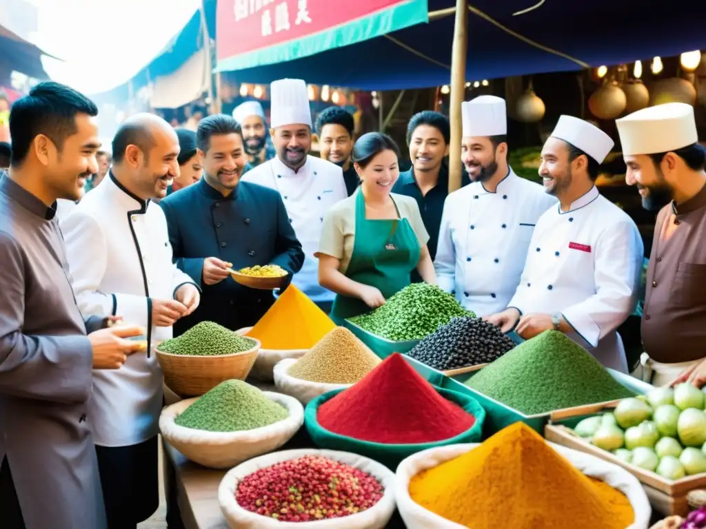 Encuentro multicultural en la Ruta de la Seda Encuentros gastronómicos en la Ruta de la Seda: chefs de diversas culturas exploran un bullicioso mercado al atardecer