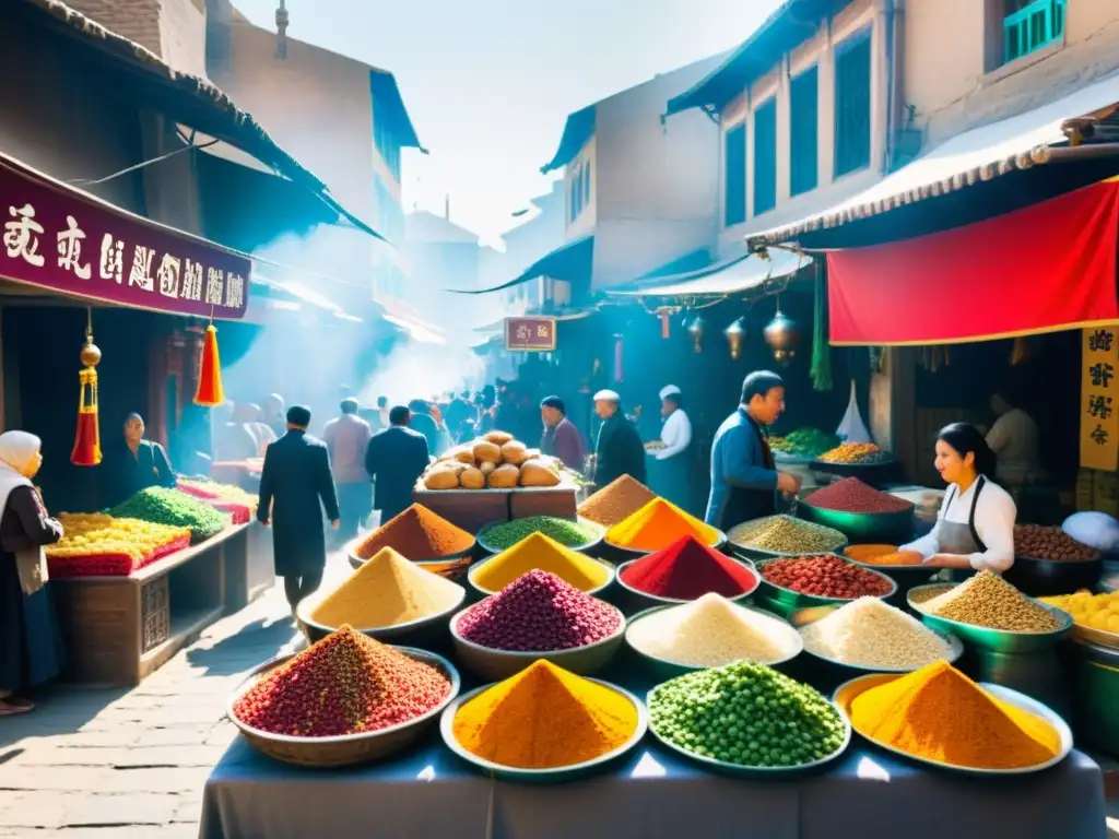 Mercado de la Ruta de la Seda: Colores, Sabores y Culturas Encuentros gastronómicos en ruta de la seda del oriente: mercado bullicioso lleno de colores, sabores y aromas exóticos