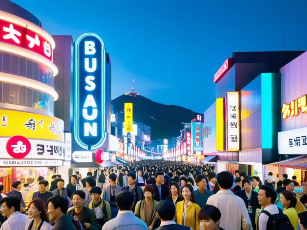 La energía del Festival de Cine de Busan cobra vida en una bulliciosa calle nocturna, llena de luces de neón y multitudes animadas