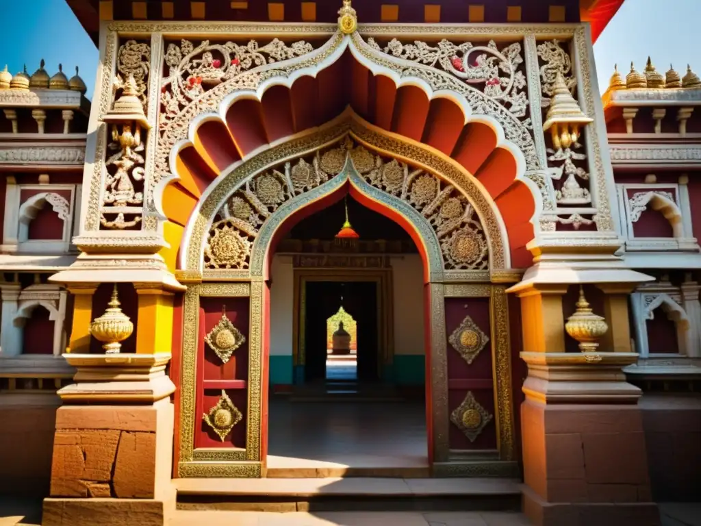 Entrada tallada de templo hindú en India, con mantras y devotos en ritual