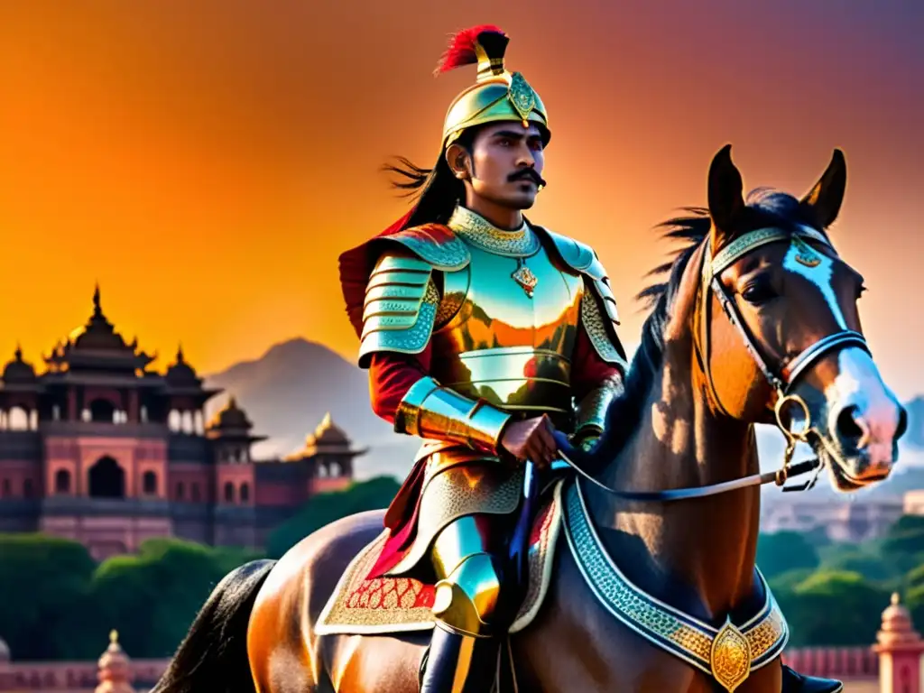 Epopeya de un rey Rajput en India, rodeado de palacios y templos, en un paisaje majestuoso al atardecer