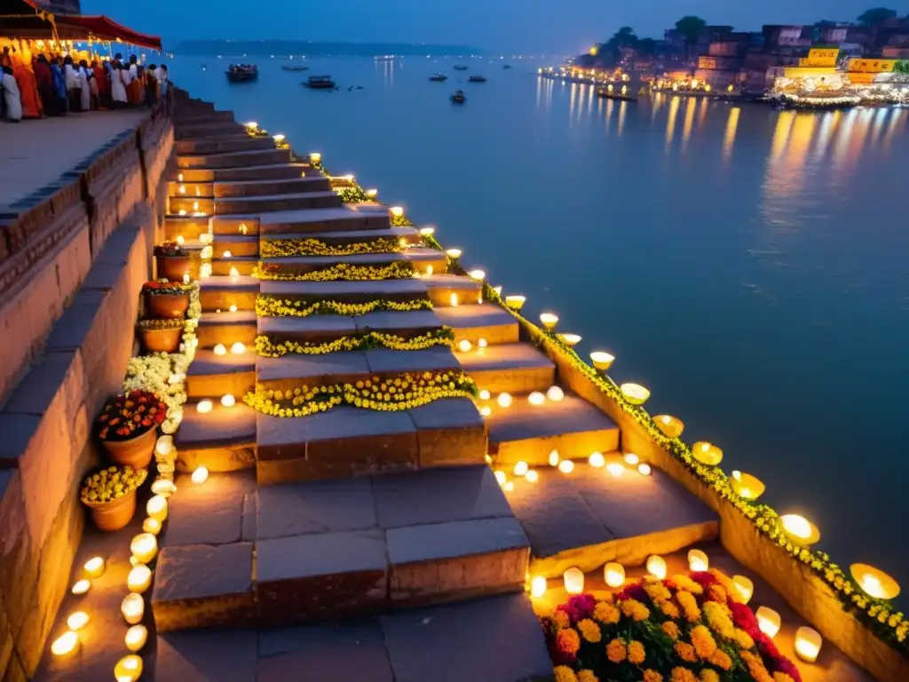 Escaleras de Piedra Iluminadas en Varanasi Escaleras iluminadas durante el Deepavali Ghats en Varanasi, India, con peregrinos y lamparillas