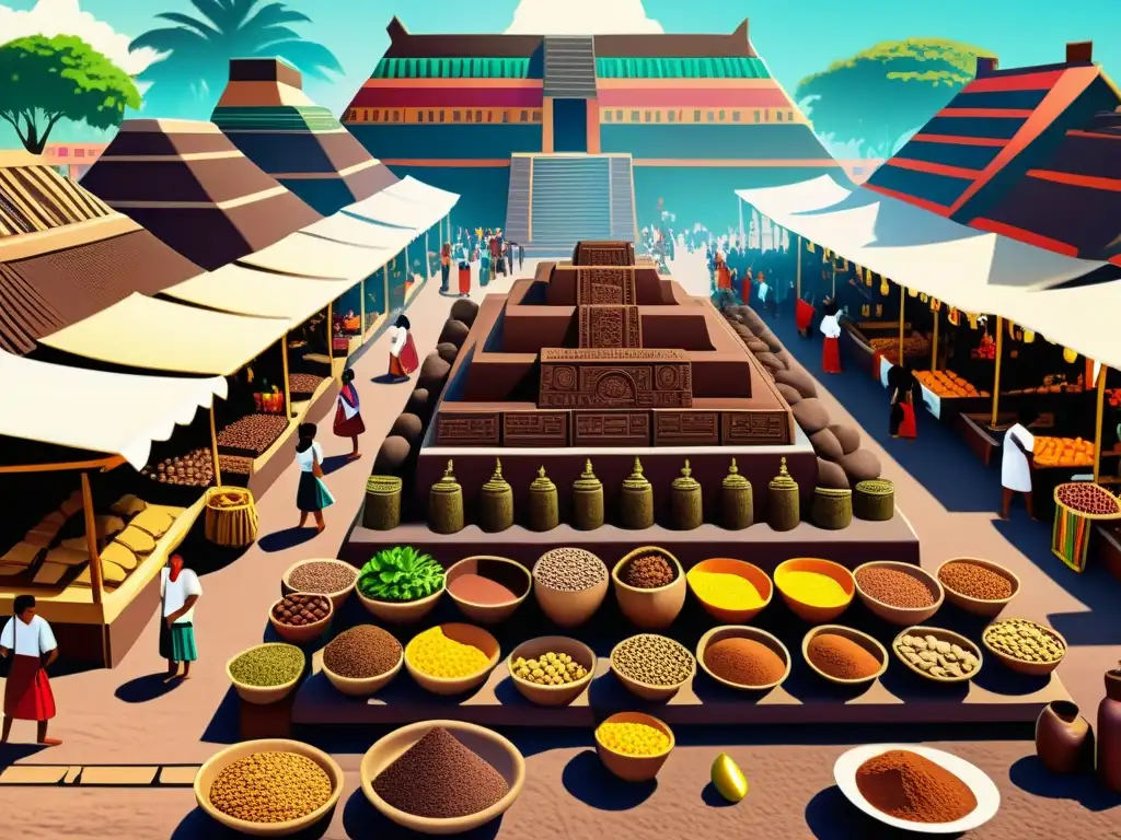 Escena animada de un mercado azteca antiguo, con intercambio de granos de cacao y productos de chocolate