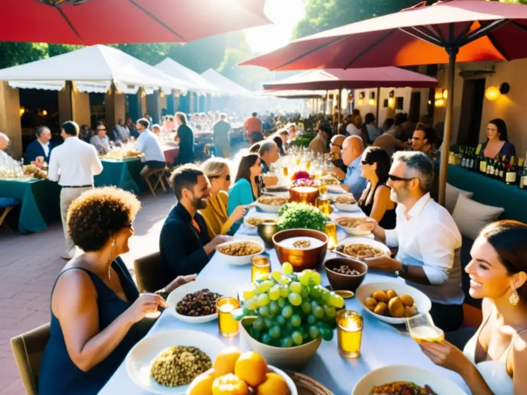 Escena animada en un mercado de tapas al aire libre en España, con comida variada y copas de vino en una mesa soleada y concurrida