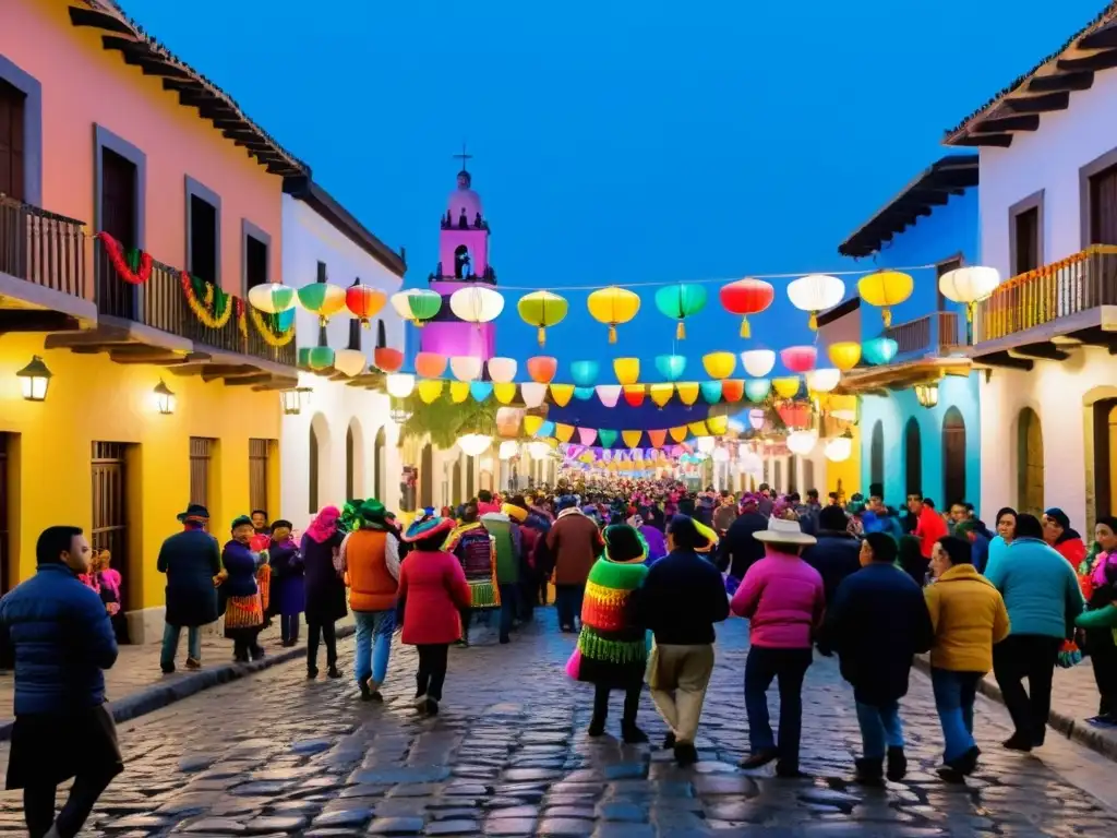 Escena animada de Posadas navideñas mexicanas tradición: calles llenas de color, piñatas, faroles y alegría festiva