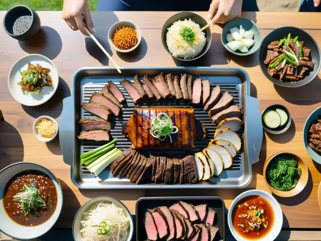 Una escena de bulgogi coreano tradicional en una barbacoa al aire libre, rodeada de tradición y convivialidad