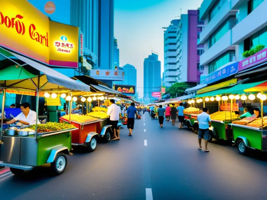 Escena bulliciosa de la cocina callejera mundial tradiciones en Bangkok, Tailandia: puestos de comida coloridos, aromas tentadores y energía vibrante