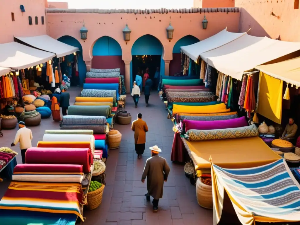 Una escena bulliciosa en un mercado de Marrakech, Marruecos, con moda étnica en mercados icónicos y una vibrante exhibición de textiles y ropa en una caótica y cautivadora variedad de colores y patrones