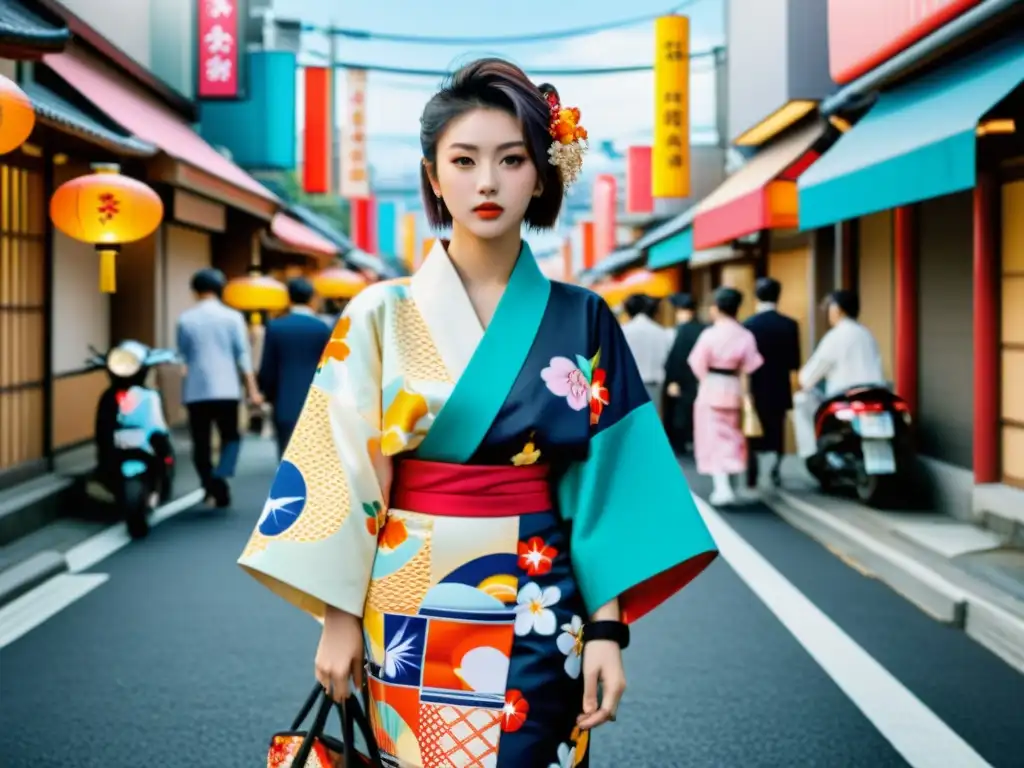 Una escena callejera japonesa moderna con moda tradicional y contemporánea, fusionando kimono y streetwear