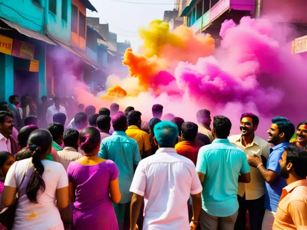 Escena callejera vibrante durante el Festival Holi en la India, con una nube de colores y felicidad en las celebraciones