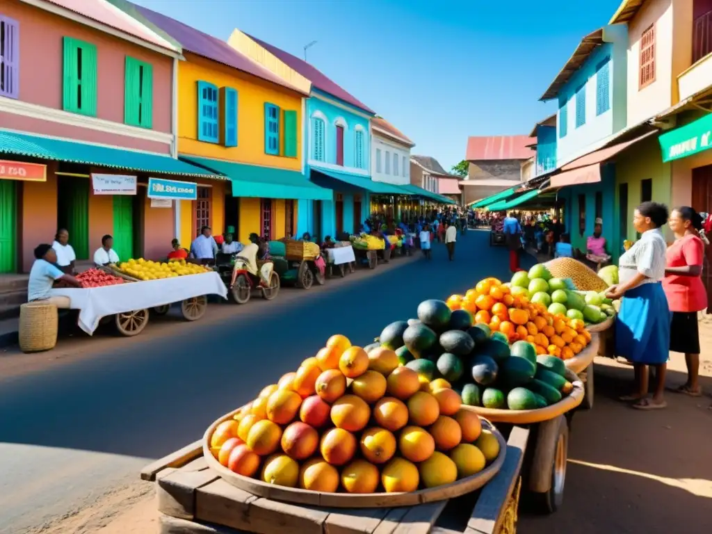 Escena callejera vibrante en Madagascar, con influencia francesa en las lenguas malgaches, mercado bullicioso y coloridas casas tradicionales