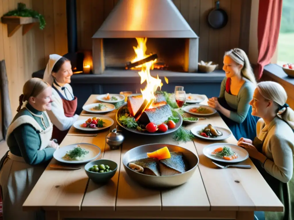 Escena de cocina nórdica tradicional con mesa festiva y personas disfrutando de sabores de la cocina nórdica en ambiente acogedor y natural