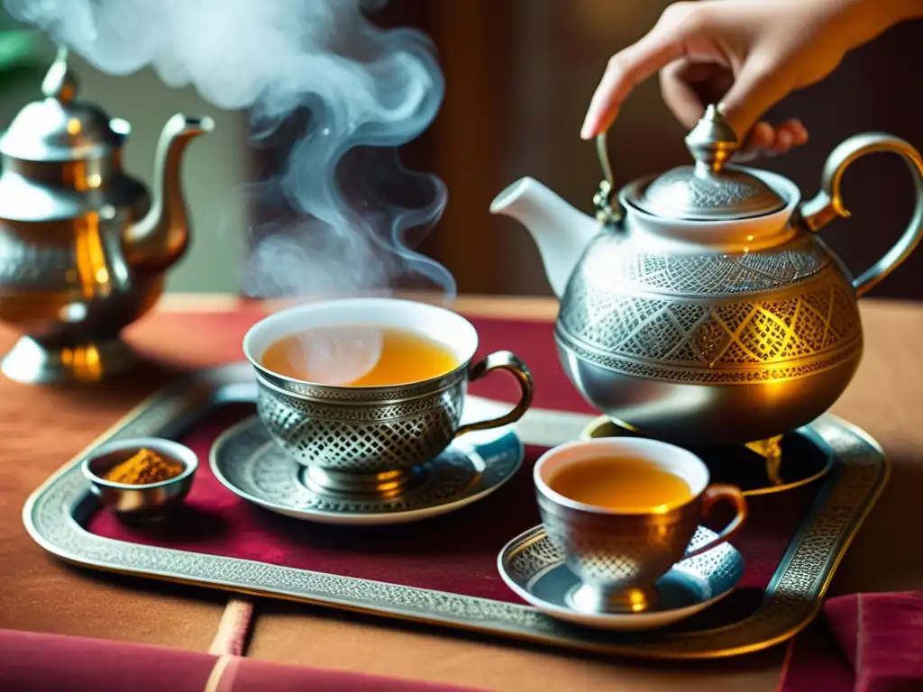 Una escena evocadora de una ceremonia de té tradicional india, con una tetera de plata vertiendo chai humeante en tazas de porcelana