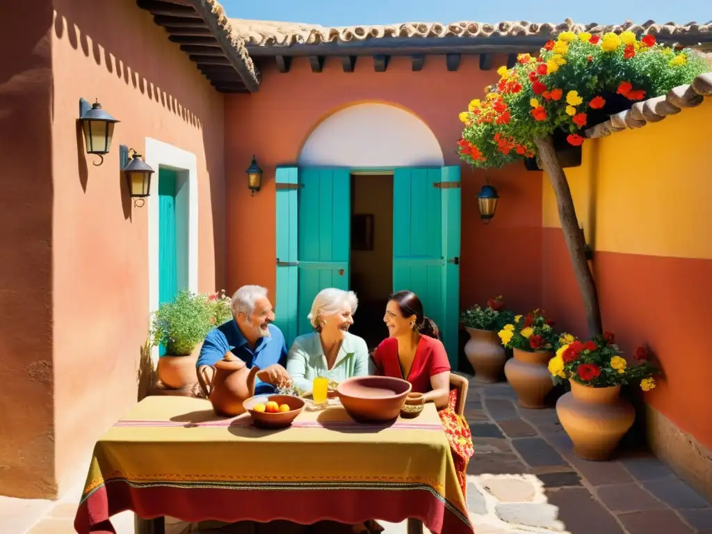 Una escena familiar en una pension tradicional española, con risas, comida y tradiciones familiares en pensiones