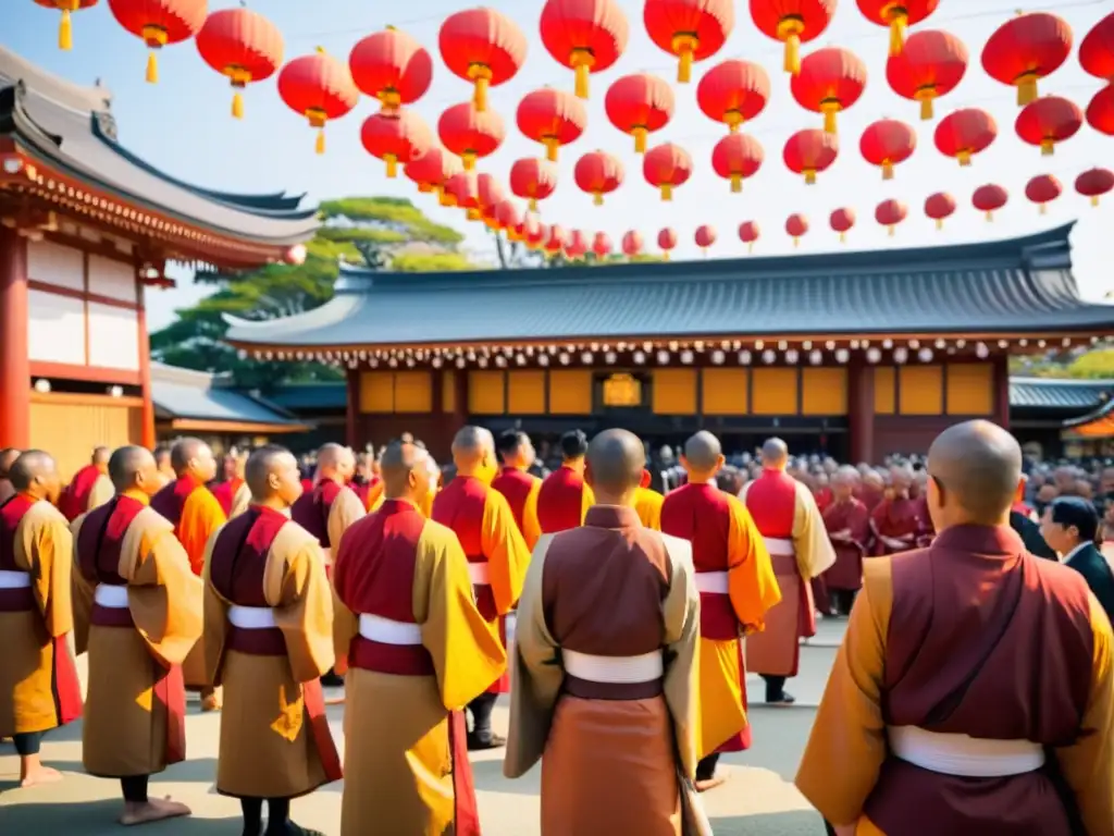 Escena de festivales tradicionales en Japón con convivencia entre budismo y shintoísmo