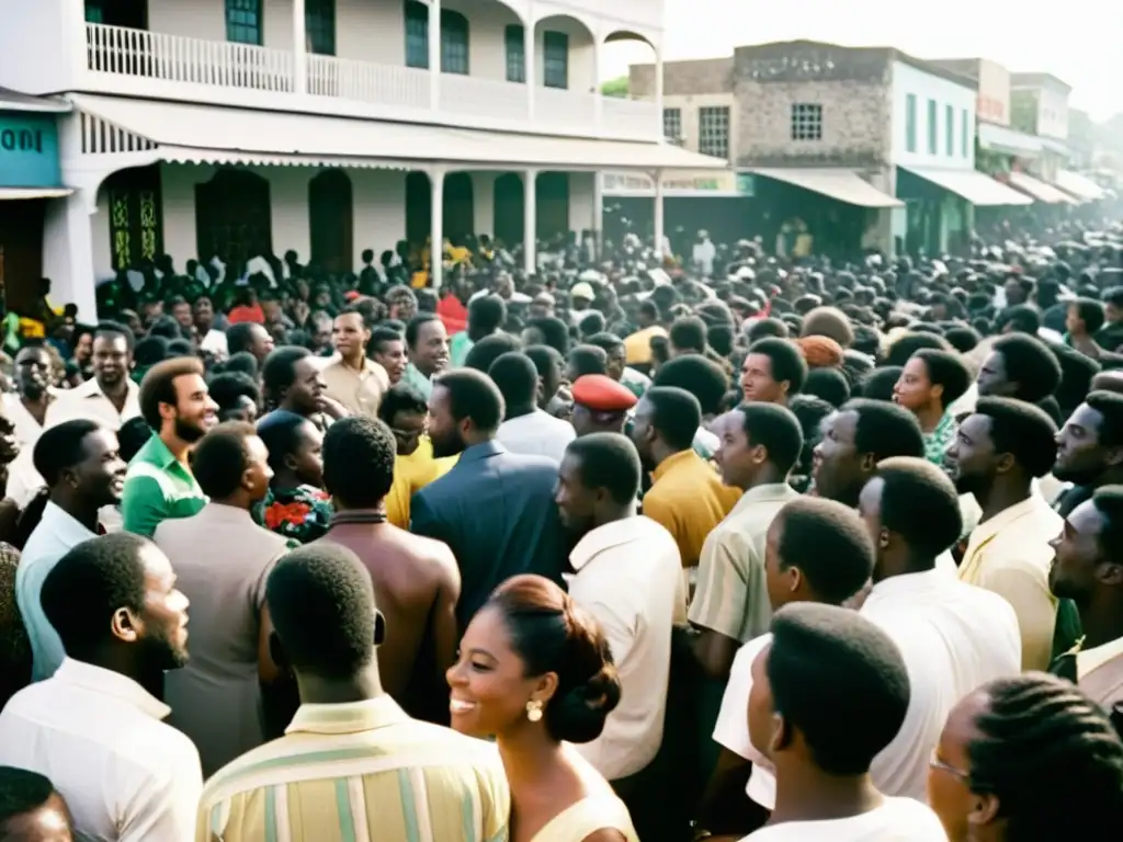 Una escena histórica del vibrante Kingston, Jamaica de los años 60, con músicos de reggae y una animada multitud