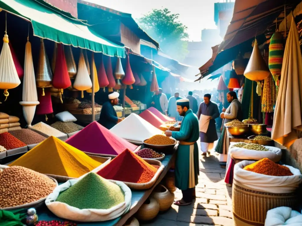 Escena de mercado antiguo con especias y textiles vibrantes en un bullicio de colores y aromas exóticos