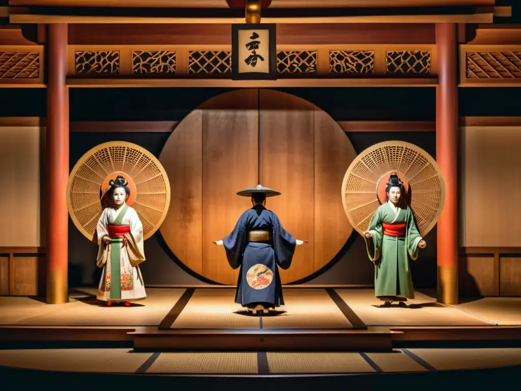 Escena de teatro Noh japonés con actores en trajes de Yurei y Oni, creando una atmósfera misteriosa e inmersiva en la cultura japonesa