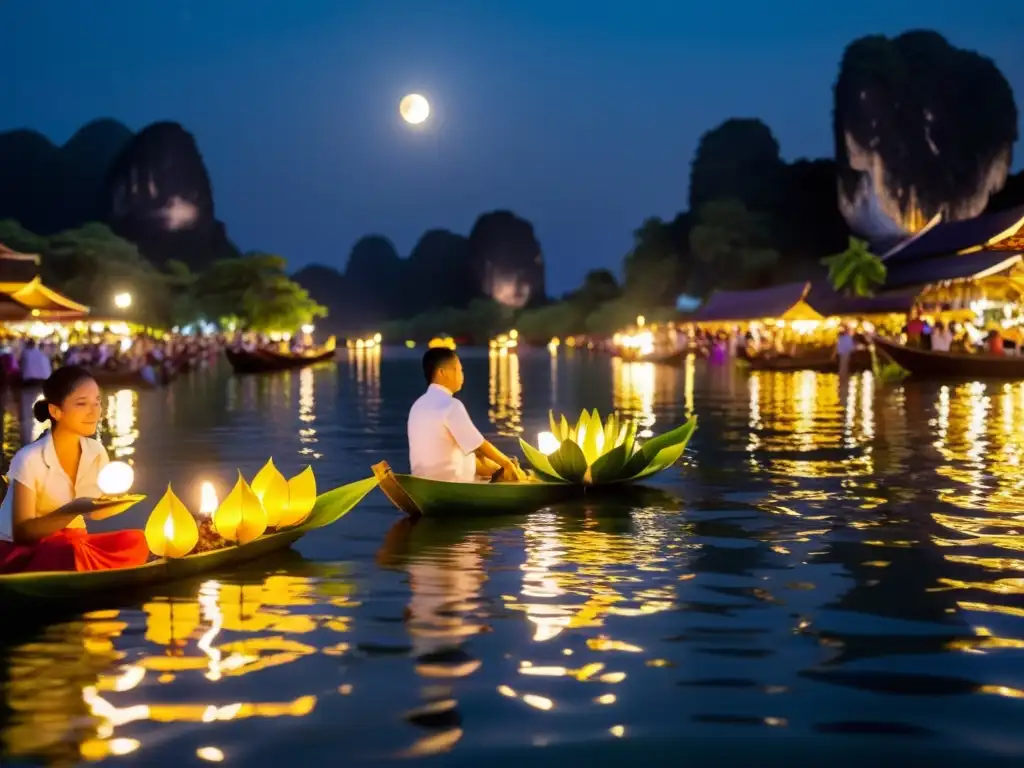 Escena tranquila del festival Loi Krathong en Tailandia, con lanzamiento de krathongs al río bajo la suave luz de la luna