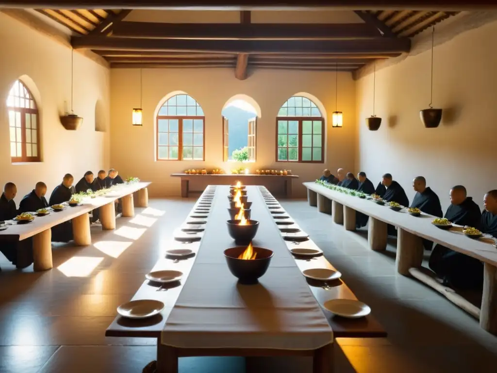 Escena tranquila de un patio monástico iluminado por el sol, con una mesa de madera larga preparada para una comida comunitaria