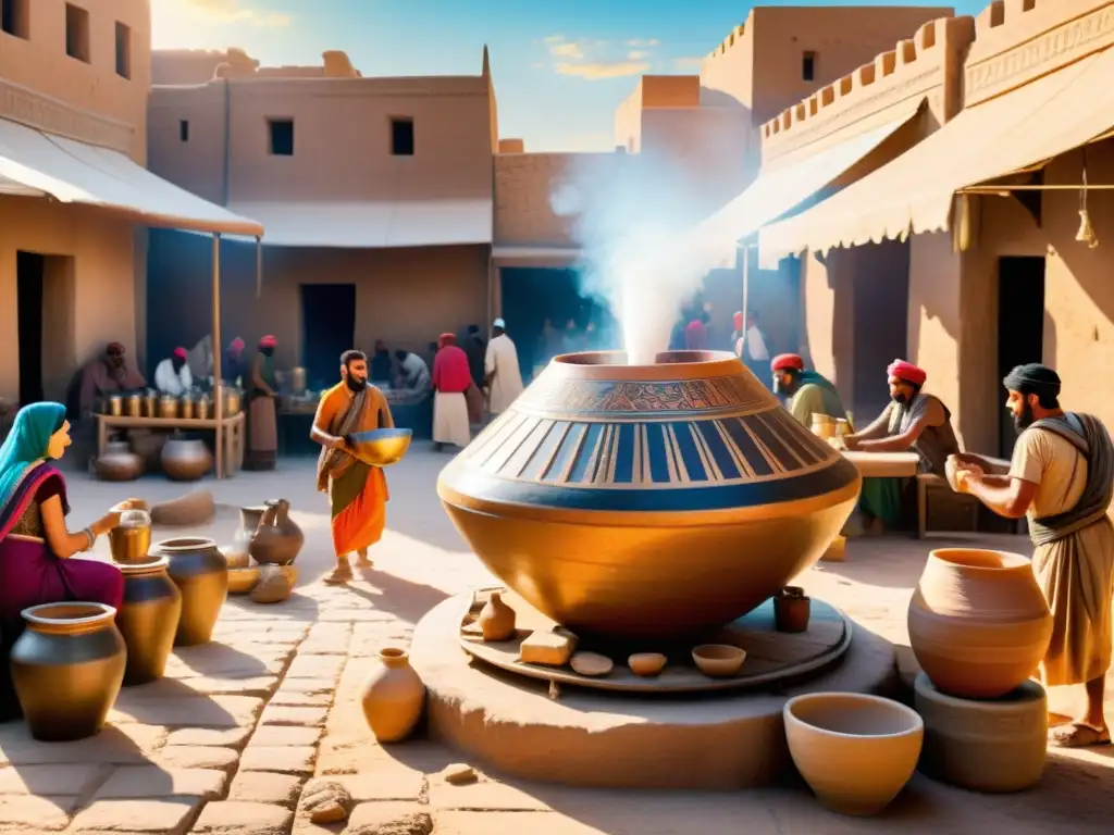 Escena vibrante de antiguos mesopotámicos elaborando cerveza en un bullicioso mercado, capturando la identidad cultural de las tradiciones cerveceras