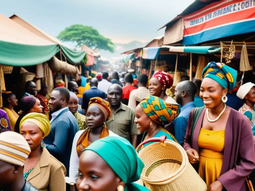 Una escena vibrante de un bullicioso mercado en una ciudad africana francófona, con diversidad étnica y cultural