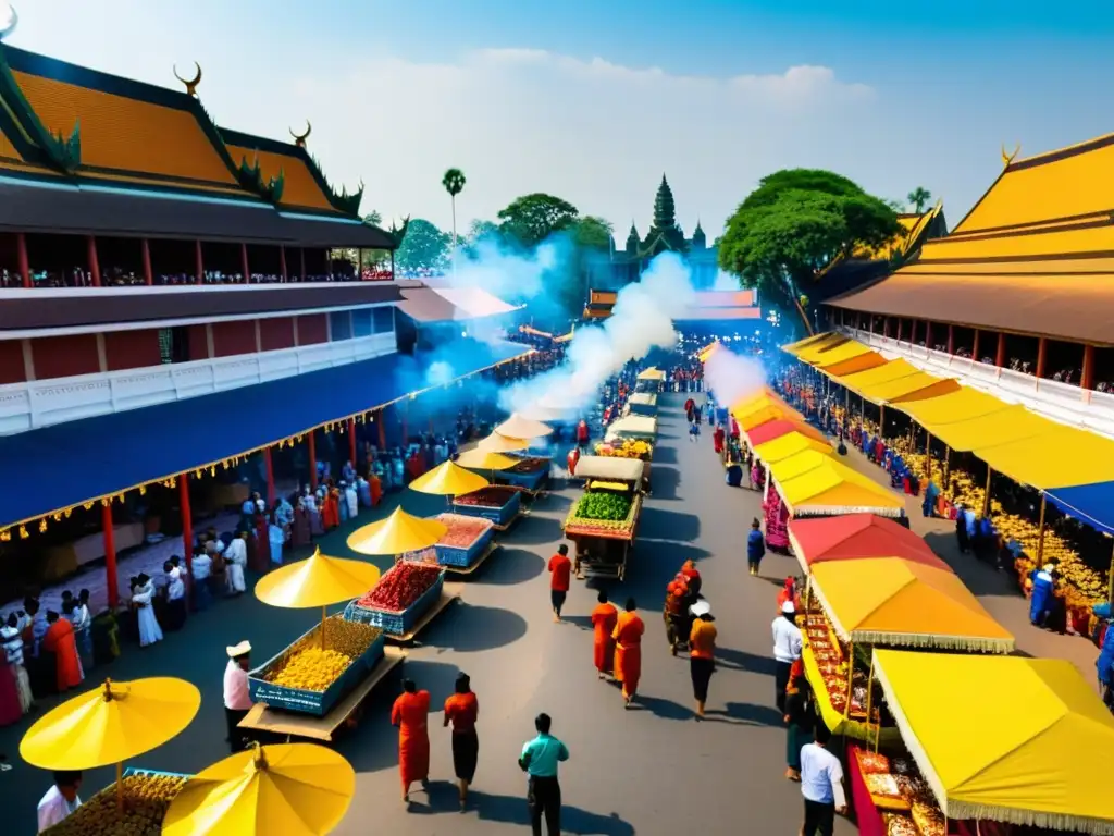 Escena vibrante del Festival Pchum Ben en Camboya: coloridos puestos de comida, personas vestidas tradicionalmente y ambiente festivo