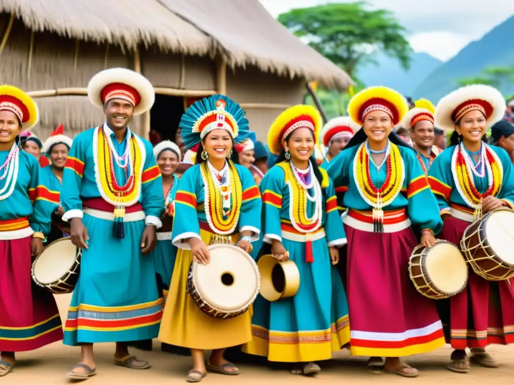 Escena vibrante de festival de música tradicional en un pueblo remoto, con músicos locales y gente vestida con trajes tradicionales coloridos