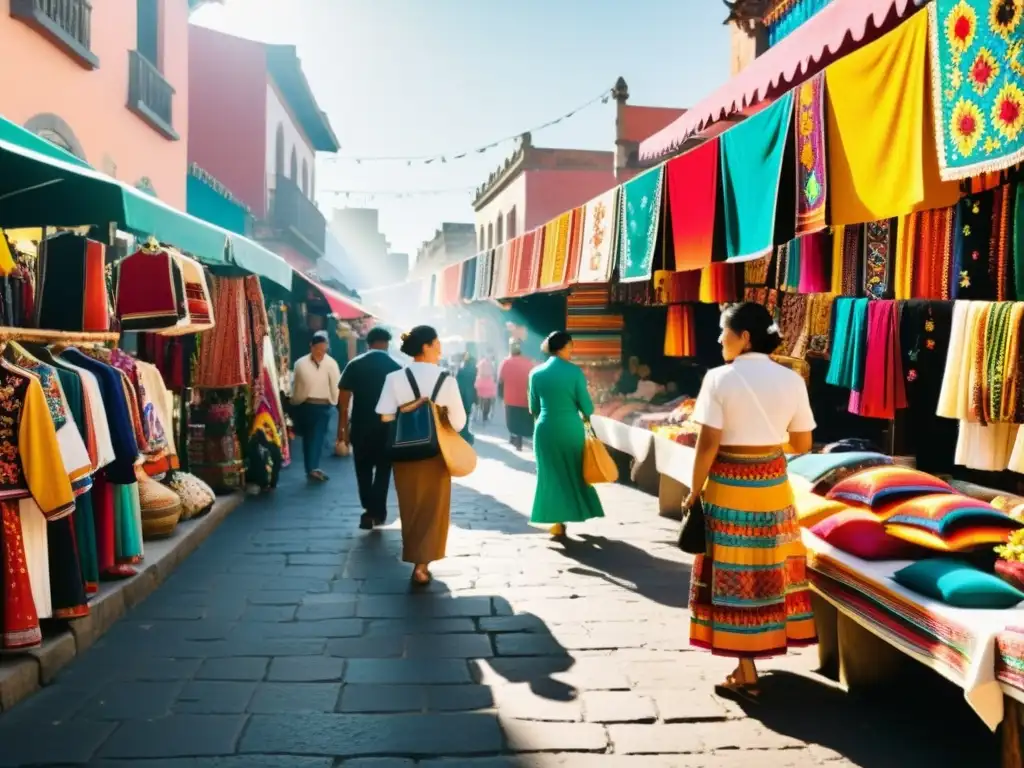 Escena vibrante de un mercado callejero en la Ciudad de México con moda étnica en el cine