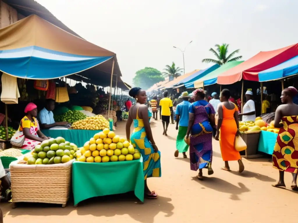 Escena vibrante de mercado en Cotonú, Benin, con telas, frutas y artesanías coloridas