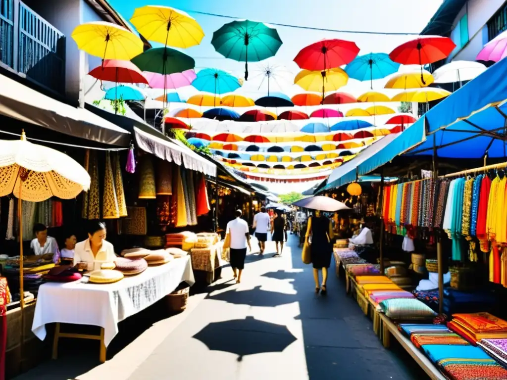 Escena vibrante en el mercado icónico de Chatuchak, Bangkok, con moda étnica y artesanía tradicional bajo un dosel de sombrillas coloridas