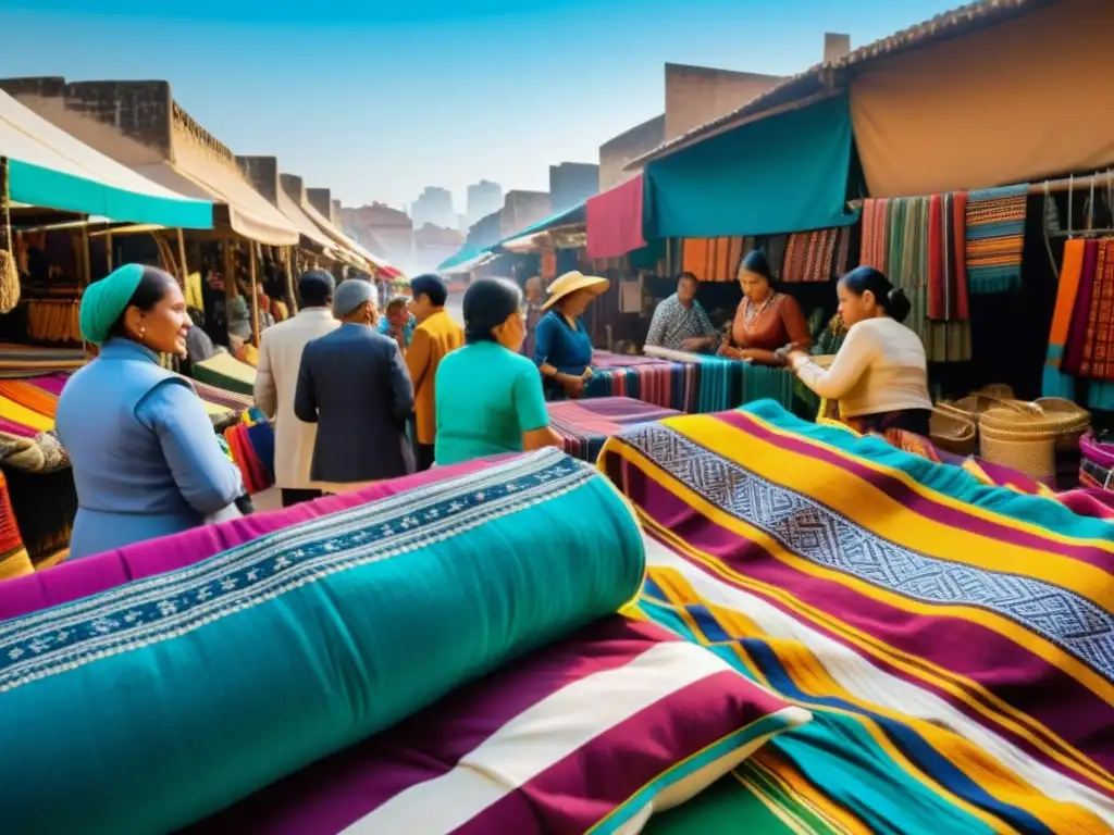 Escena vibrante de mercado tradicional con moda étnica, historia y diversidad cultural en textiles y ropa colorida