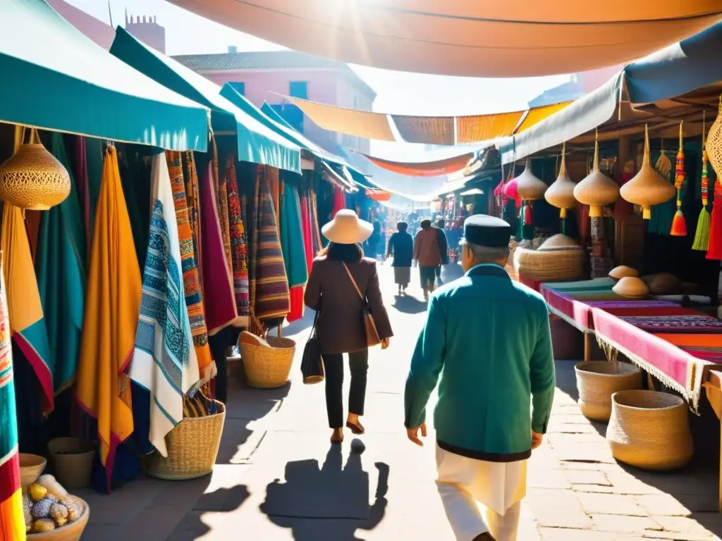 Escena vibrante en un mercado tradicional, con textiles coloridos y una rica historia de moda étnica