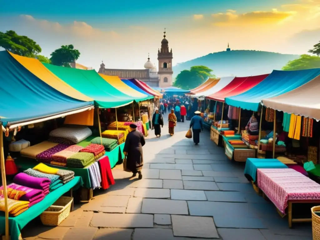 Una escena vibrante en un mercado tradicional con textiles coloridos y gente disfrutando de la moda étnica