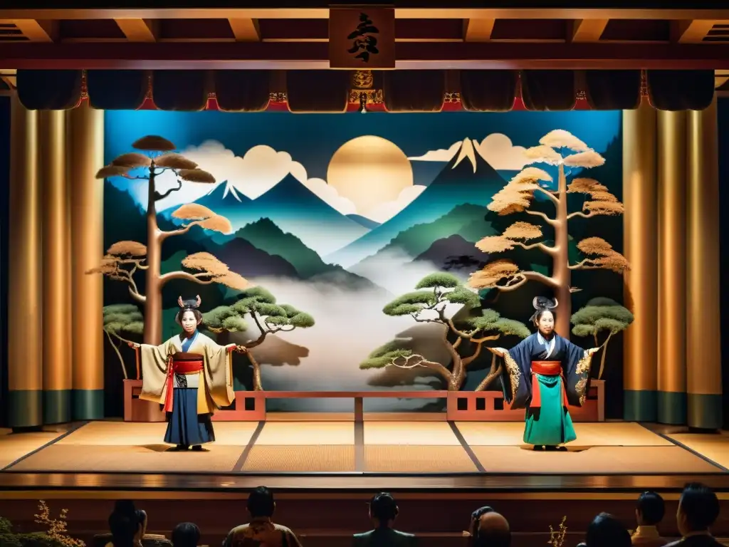 Escenario de teatro Noh japonés con actores vestidos de Yurei y Oni en la cultura japonesa, en un ambiente místico y encantador