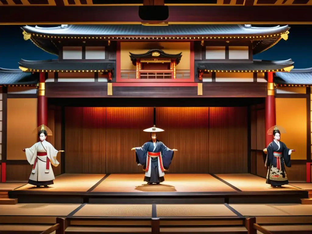 Un escenario de teatro Noh tradicional en Japón contemporáneo, con impresionante arquitectura de madera, decorados pintados a mano y actores enmascarados y con trajes elegantes