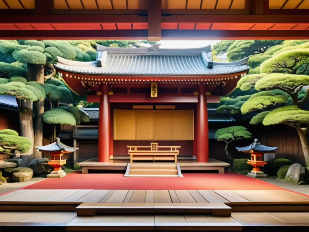 Escenario de teatro Noh tradicional japonés con ricos detalles en madera y fondos pintados, rodeado de deidades Shinto