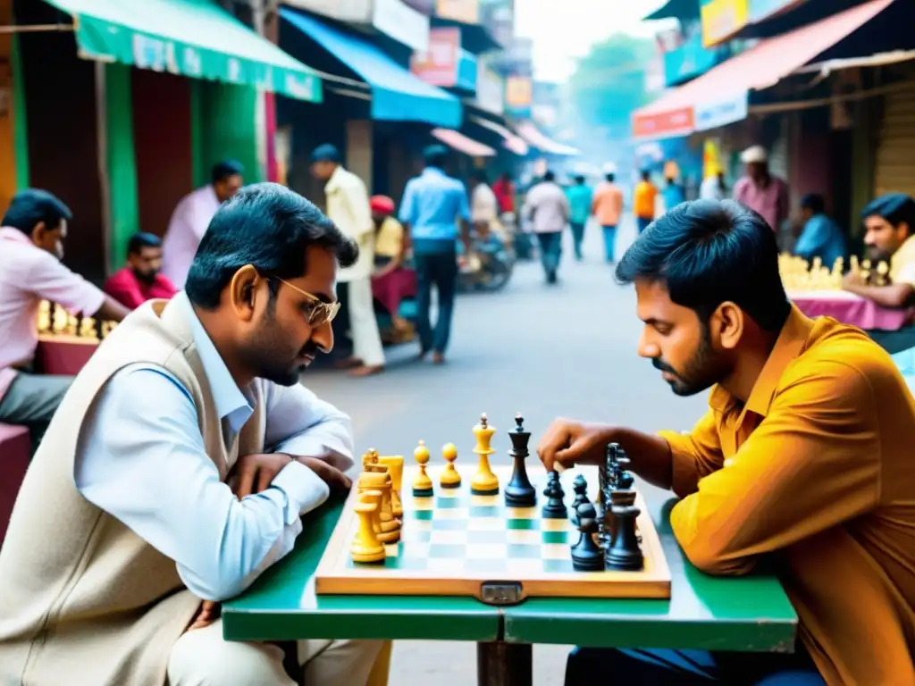 Escenas vibrantes de ajedrez en la bulliciosa calle de la India, mostrando conexiones globales del ajedrez en India