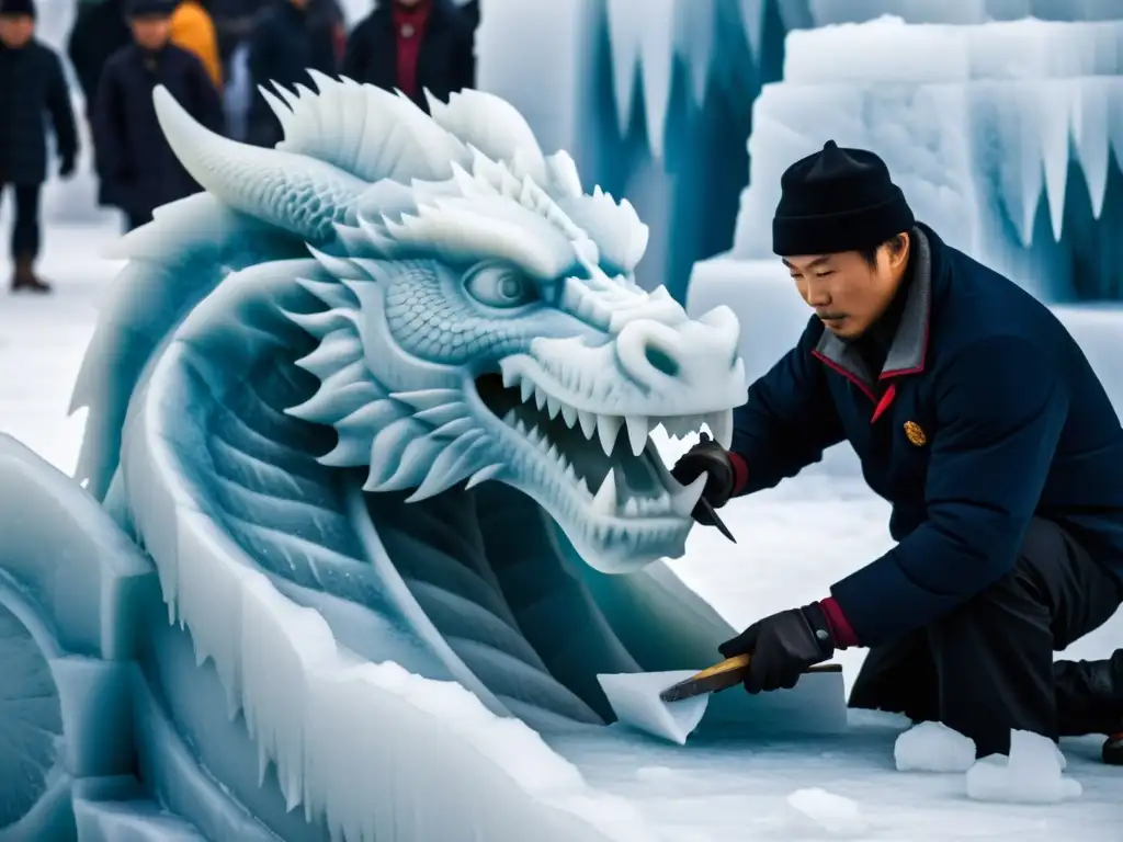 Un escultor de hielo crea una majestuosa figura de dragón en el Festival de Hielo y Nieve de Harbin, China, con destrezas impresionantes