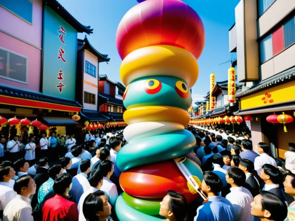 Escultura de festival de la fertilidad Kanamara Matsuri desfilando por las calles de Kawasaki, Japón, entre una multitud alegre