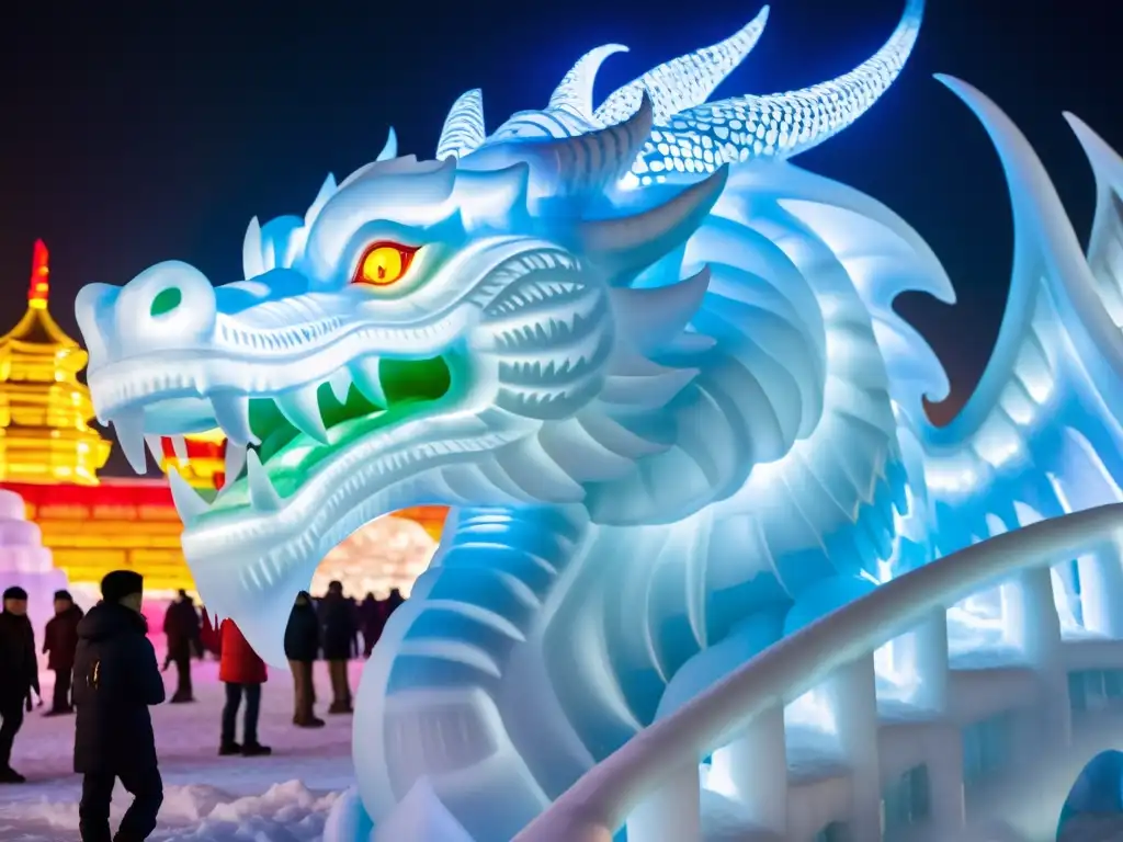 Escultura de dragón de hielo iluminada en el Festival Hielo Nieve Harbin China