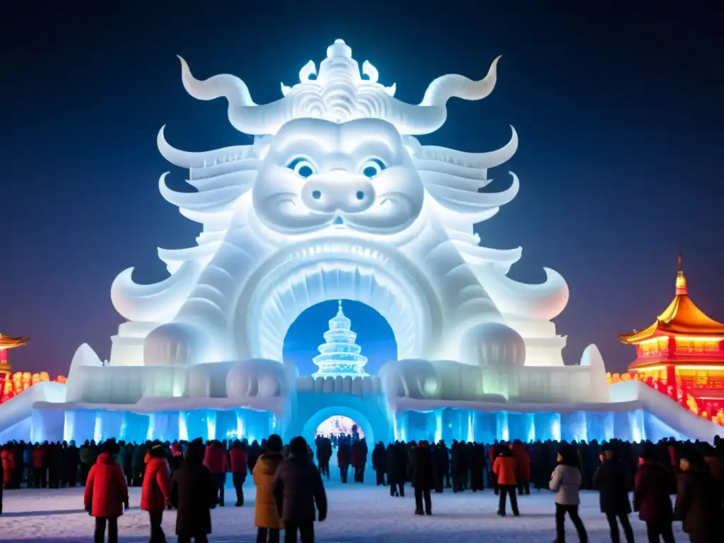 Escultura de hielo iluminada en el Festival Hielo Nieve Harbin China, una obra mágica y cautivadora