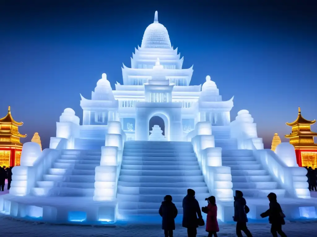 Escultura de hielo impresionante en el Festival de Hielo y Nieve Harbin en China, destacando la creatividad artística y la magnitud de la obra