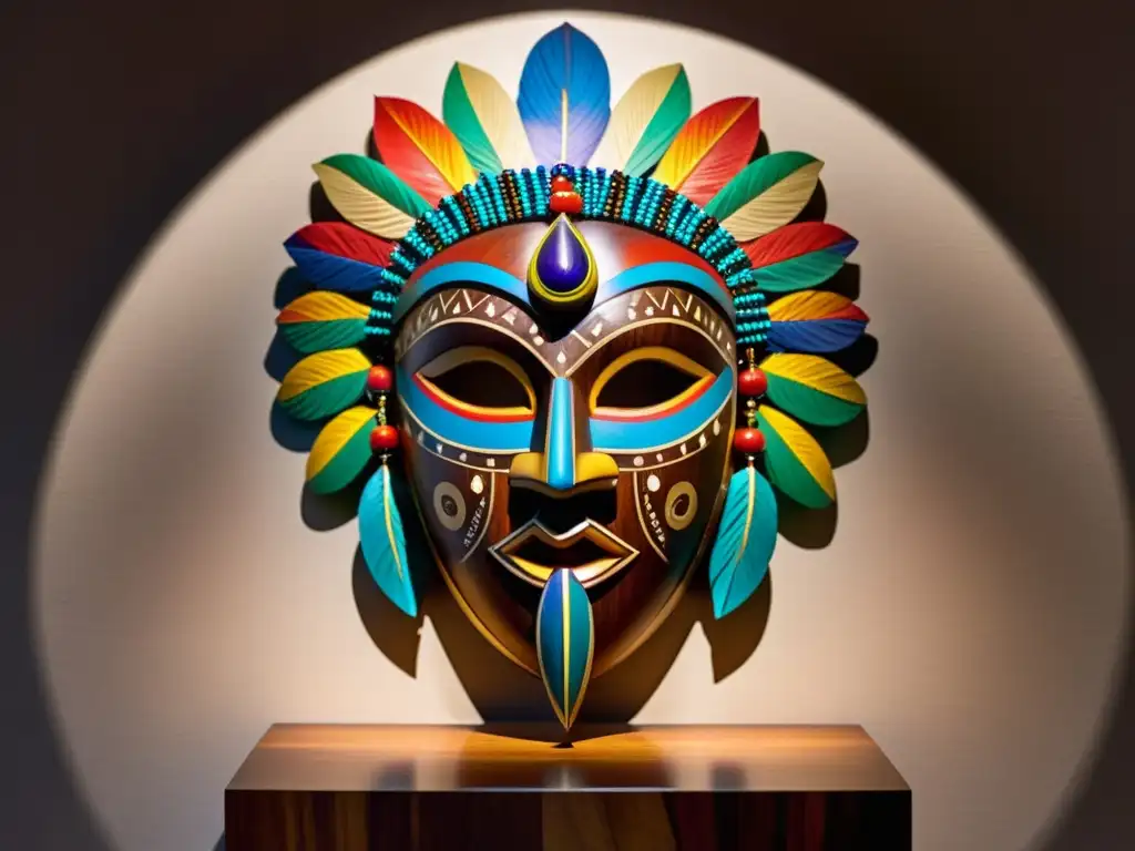 Escultura de máscara tribal en madera, adornada con cuentas y plumas, iluminada en galería