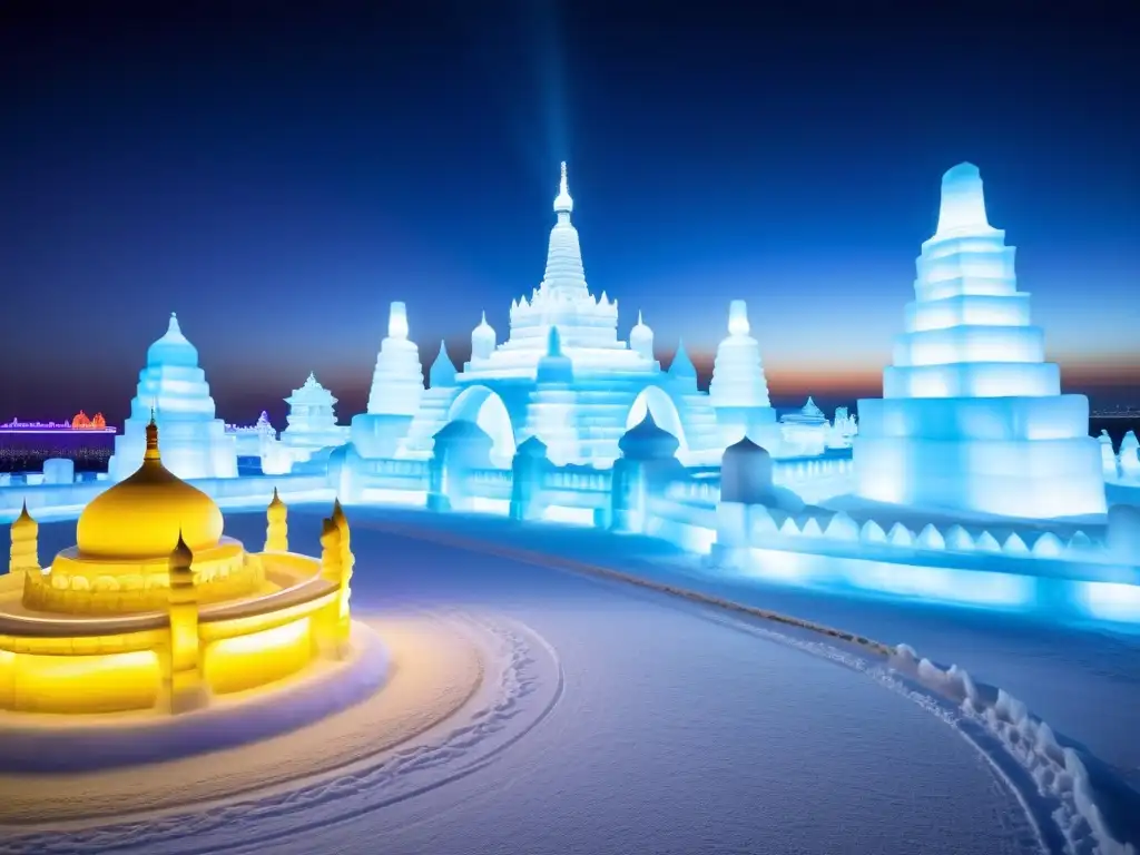 Esculturas de hielo iluminadas por luces coloridas en el Festival Hielo Nieve Harbin China, creando una atmósfera etérea y fascinante