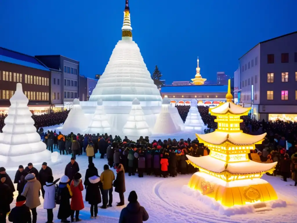 Esculturas de nieve iluminadas en el Festival de la Nieve Sapporo, con una multitud admirando la escena mágica