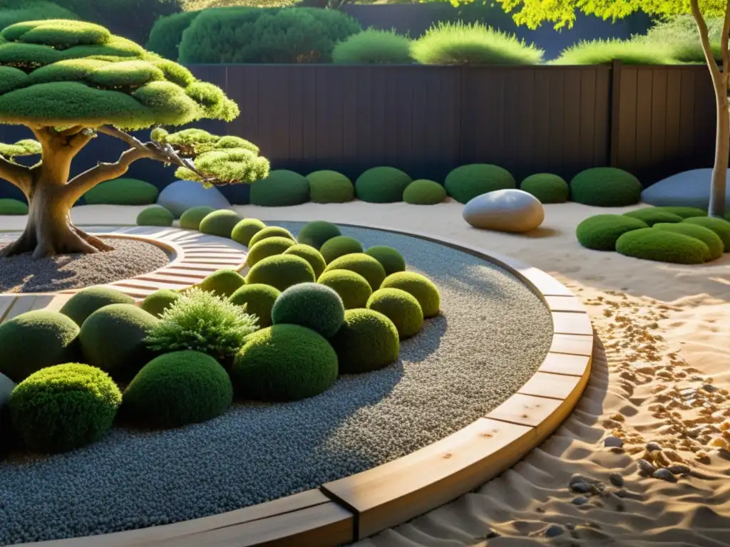 Espacios de contemplación budista en jardines Zen: Jardín Zen con rocas, musgo y árboles podados, bañado por la luz del sol de la tarde