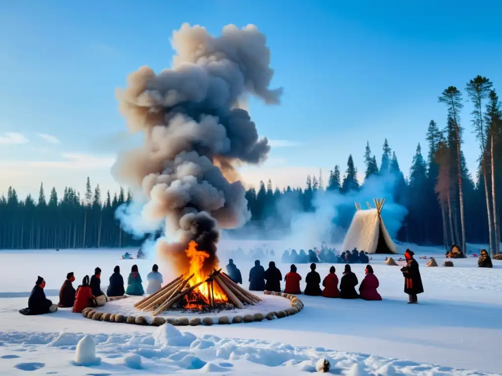 Espacios sagrados rituales siberianos: grupo indígena en un paisaje nevado, realizando un antiguo ritual entre totems y nieve