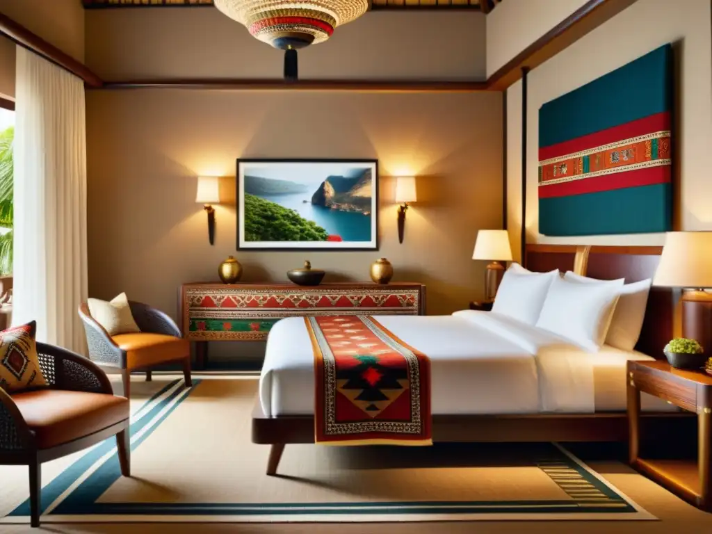 Espaciosa habitación de hotel temático de cultura local, con decoración tradicional y artesanía autóctona, iluminada con luz cálida y acogedora